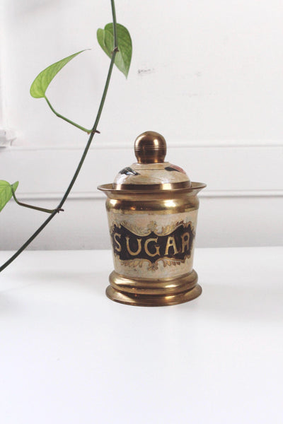 Vintage Hand-Painted Floral Brass Enamel Tea Coffee Sugar Kitchen Canisters Set of 3