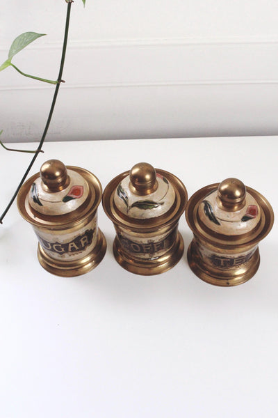 Vintage Hand-Painted Floral Brass Enamel Tea Coffee Sugar Kitchen Canisters Set of 3