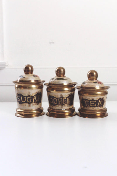 Vintage Hand-Painted Floral Brass Enamel Tea Coffee Sugar Kitchen Canisters Set of 3