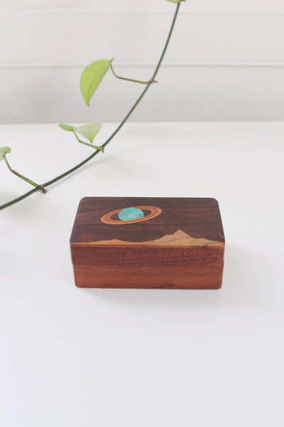 Vintage Celestial Planet Stars Landscape Wooden Turquoise Inlay Trinket Box