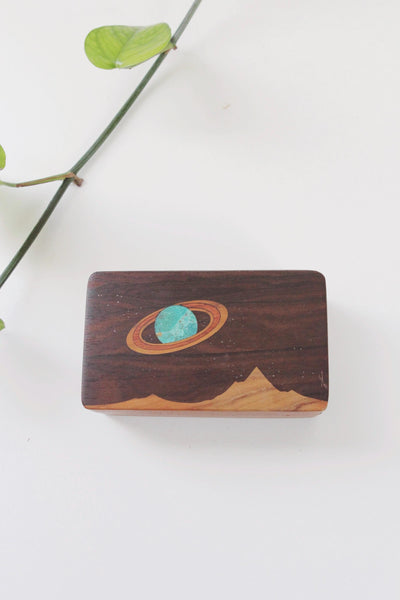 Vintage Celestial Planet Stars Landscape Wooden Turquoise Inlay Trinket Box
