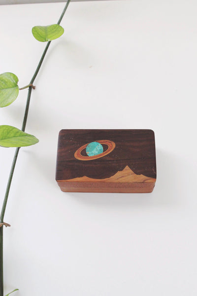 Vintage Celestial Planet Stars Landscape Wooden Turquoise Inlay Trinket Box