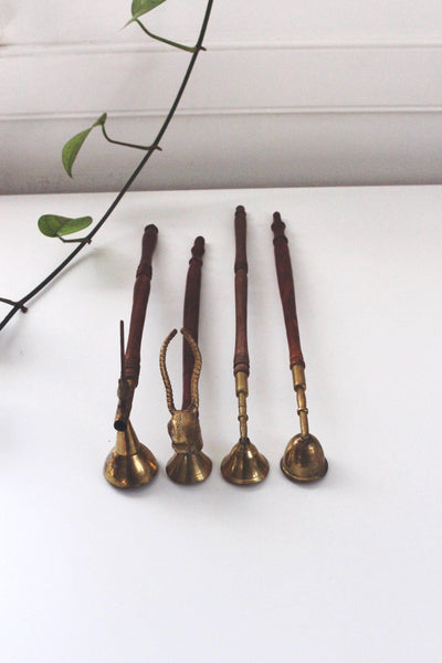 Vintage Antique Long Brass Wood Candle Snuffer Bell Rooster Antelope