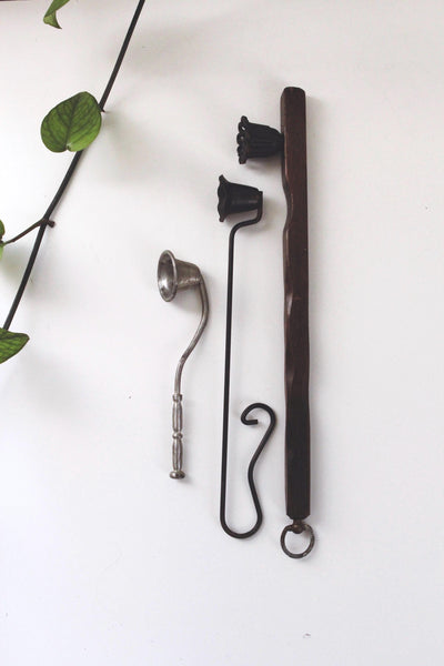 Vintage Antique Silver Iron Wood Bell Candle Snuffer