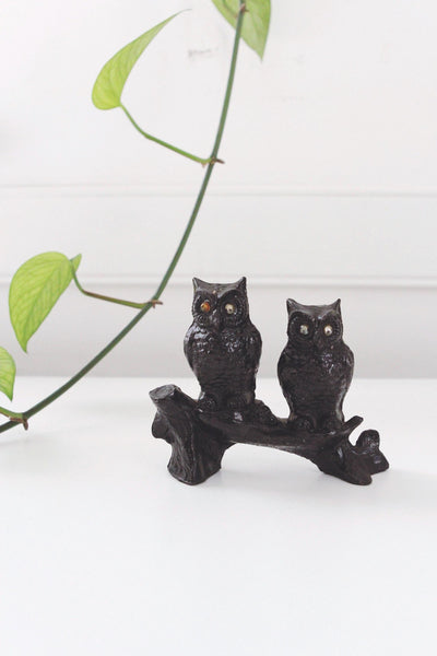 Vintage Hand-Carved Black Coal Pair Owl Figurine