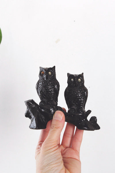 Vintage Hand-Carved Black Coal Pair Owl Figurine