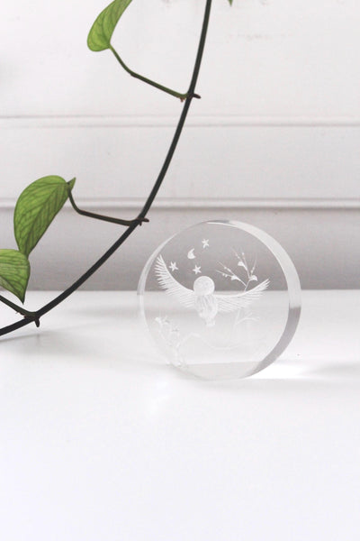 Vintage Reverse-Carved Acrylic Lucite Owl Paperweight