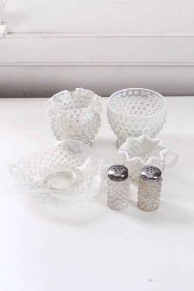 Vintage Fenton White Moonstone Opalescent Hobnail Glass Set