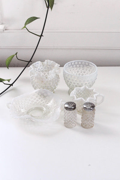 Vintage Fenton White Moonstone Opalescent Hobnail Glass Set