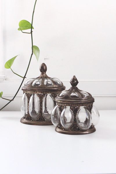 Vintage Baroque Brass Hand-Blown Bubble Glass Lidded Apothecary Jar