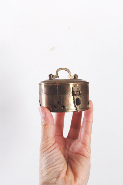 Vintage Round Pierced Brass Cricket Box Hinged Latch Trinket Box