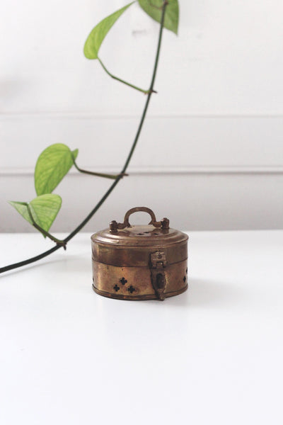 Vintage Round Pierced Brass Cricket Box Hinged Latch Trinket Box