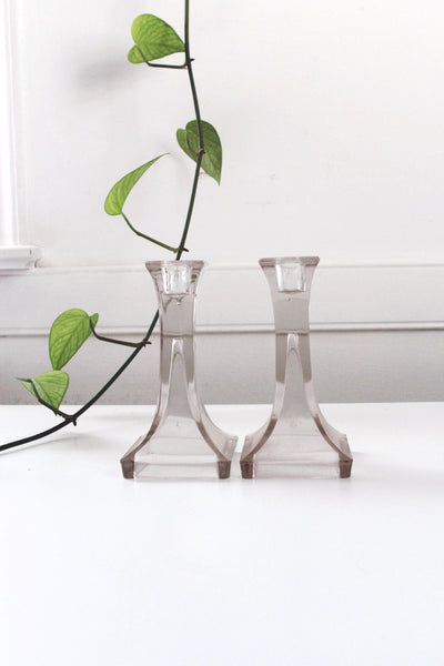 Vintage Square Clear Pressed Glass Manganese Candle Holders Pair