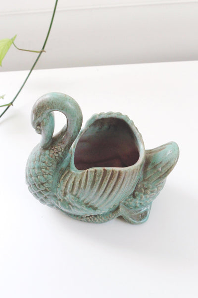 Vintage Turquoise Ceramic Gonder USA Pottery Swan Planter