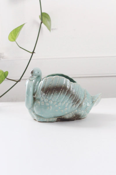 Vintage Miyata Ware Aqua Blue ceramic Double Swan Planter