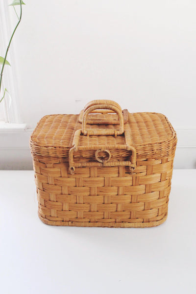 Vintage Hand Woven Rattan Wicker Picnic Basket Cottagecore