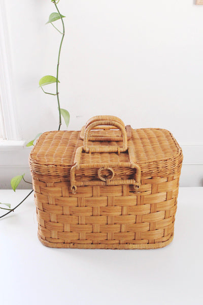 Vintage Hand Woven Rattan Wicker Picnic Basket Cottagecore