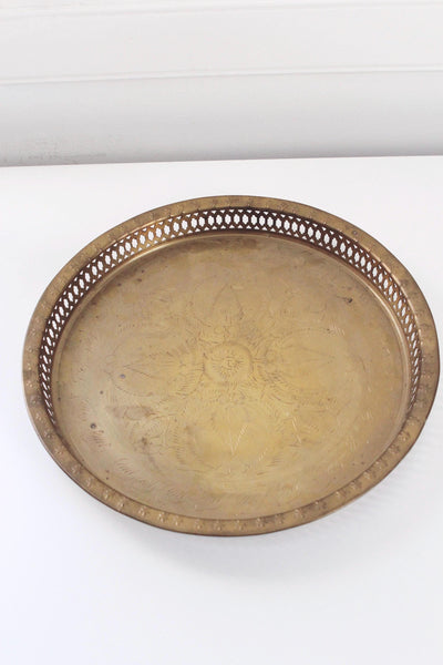Vintage Large Etched Pierced Brass Stars Round Serving Tray