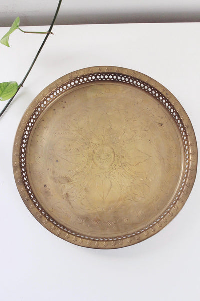 Vintage Large Etched Pierced Brass Stars Round Serving Tray