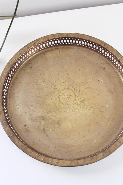 Vintage Large Etched Pierced Brass Stars Round Serving Tray