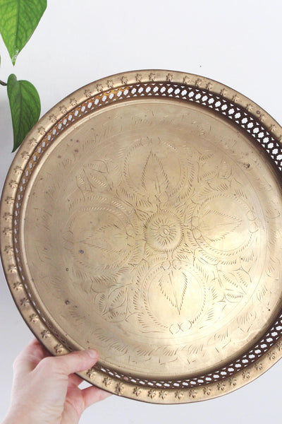 Vintage Large Etched Pierced Brass Stars Round Serving Tray
