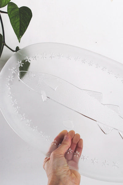 Vintage Etched Glass Fish Serving Platter Tray Dish