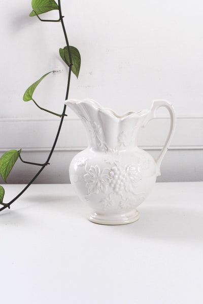 Vintage Farmhouse Grape Harvest Leaves White Ceramic Pitcher