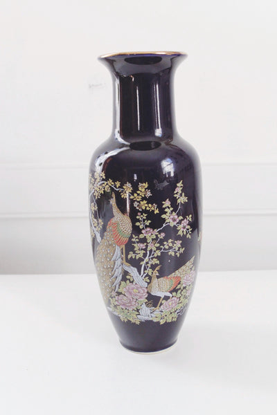 Vintage Japanese Blue Hand-Painted Peacock Cherry Blossom Ceramic Vase