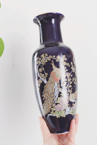 Vintage Japanese Blue Hand-Painted Peacock Cherry Blossom Ceramic Vase