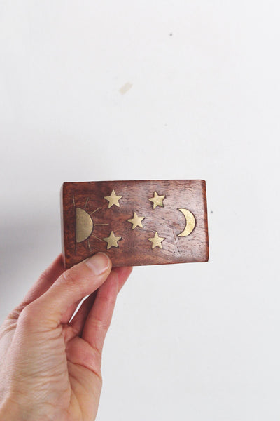 Vintage Small Celestial Wood Brass Inlay Moon Stars Trinket Box