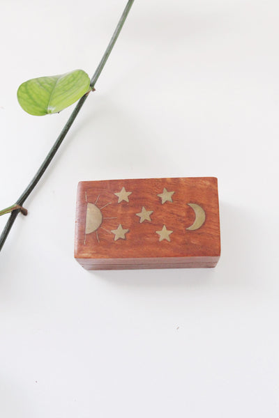 Vintage Small Celestial Wood Brass Inlay Moon Stars Trinket Box