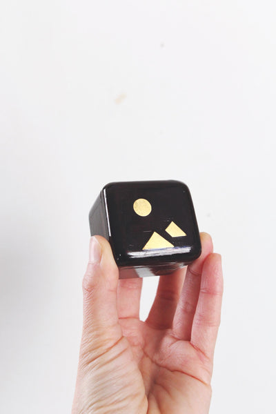 Vintage Small Wood Brass Inlay Mountain Sun Trinket Box