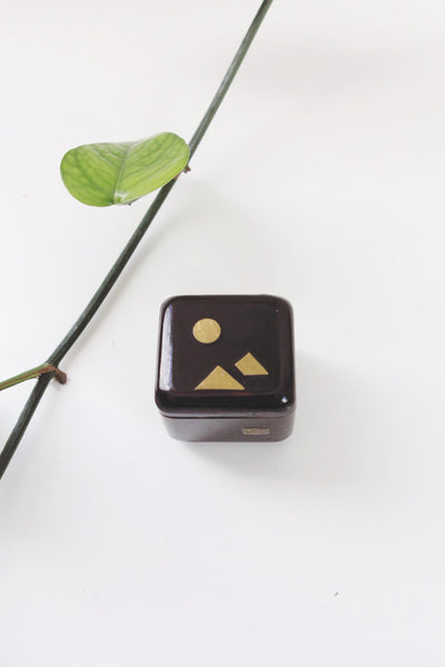Vintage Small Wood Brass Inlay Mountain Sun Trinket Box