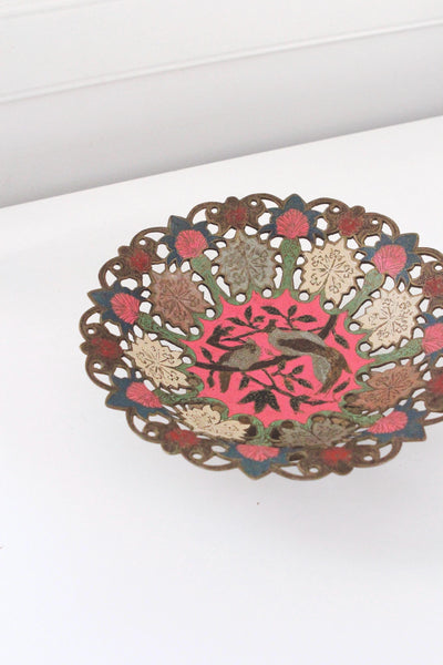 Vintage Enamel Solid Brass Bird Pedestal Tray India