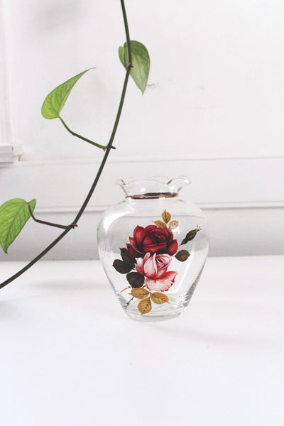 Vintage Rose Floral Gold Small Glass Vase