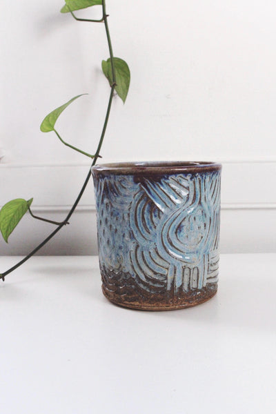 Hand Crafted Studio Pottery Blue Purple Scallop Planter Vase