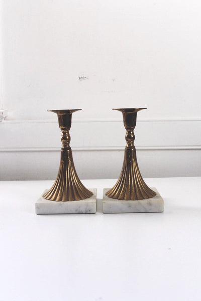 Vintage Mid-Century Modern Brass Carrera Marble Torchiere-Style Candlestick Holders Pair