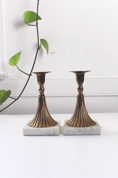 Vintage Mid-Century Modern Brass Carrera Marble Torchiere-Style Candlestick Holders Pair