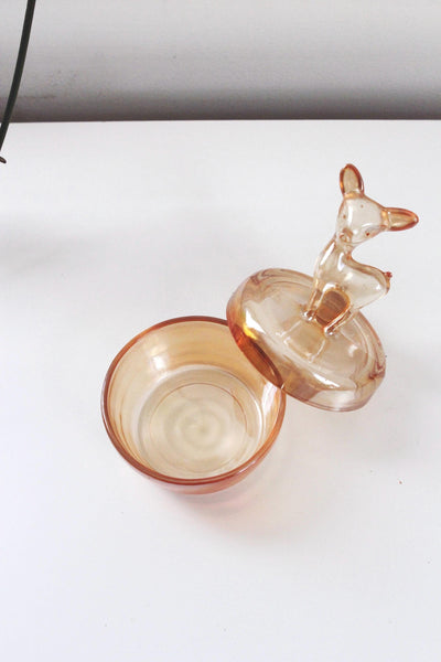 Vintage Jeanette Glass Marigold Carnival Glass Deer Dawn Powder Jar Trinket Dish