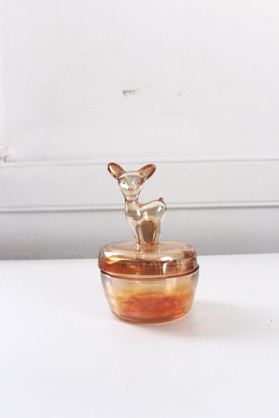 Vintage Jeanette Glass Marigold Carnival Glass Deer Dawn Powder Jar Trinket Dish