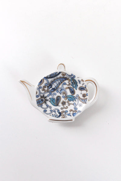 Vintage Lefton China Hand-Painted Blue Paisley Teapot-Shaped Tea Bag Holder