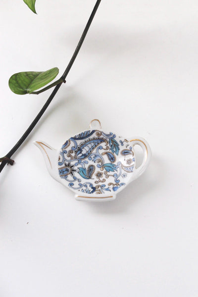 Vintage Lefton China Hand-Painted Blue Paisley Teapot-Shaped Tea Bag Holder