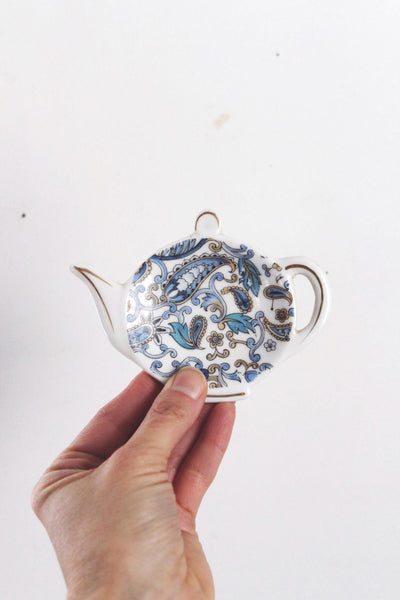 Vintage Lefton China Hand-Painted Blue Paisley Teapot-Shaped Tea Bag Holder