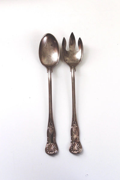 Vintage Silver-Plated Salad Servers Kings Pattern Style Spoon Fork Set
