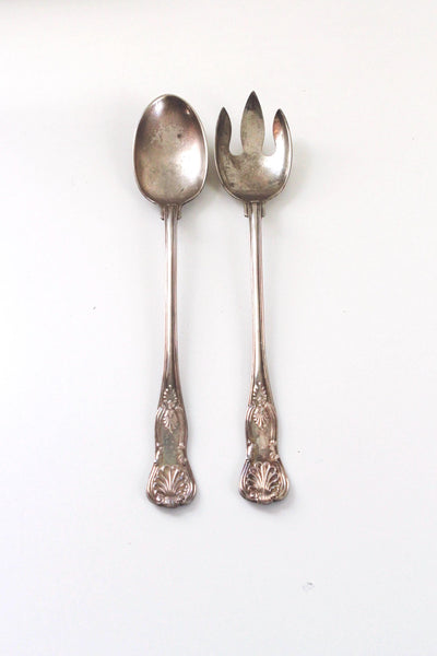 Vintage Silver-Plated Salad Servers Kings Pattern Style Spoon Fork Set