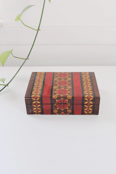 Vintage Polish Folk Art Wooden Trinket Box Floral Hinged Lid