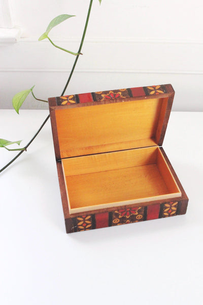 Vintage Polish Folk Art Wooden Trinket Box Floral Hinged Lid