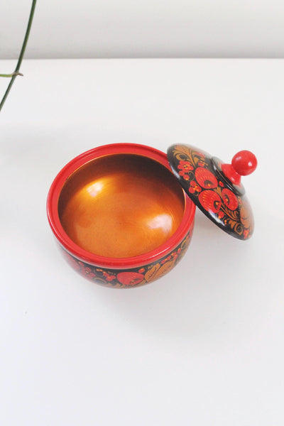 Vintage Traditional Russian Khokhloma Style Hand-Painted Wooden Sugar Bowl Trinket Box