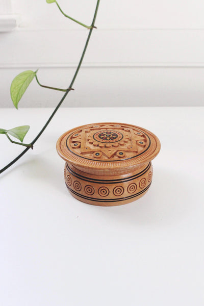Vintage Russian Handmade Turned Solid Wood Round Trinket Box Geometric Inlay