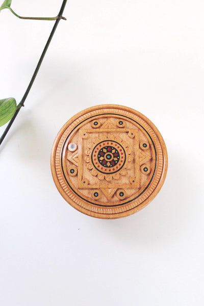 Vintage Russian Handmade Turned Solid Wood Round Trinket Box Geometric Inlay